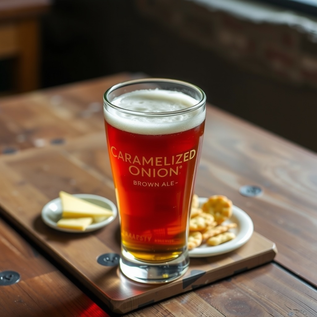 A glass of caramelized onion brown ale on a wooden table with snacks.